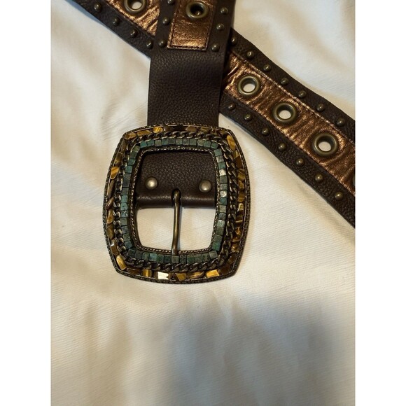 Boho Wide Leather Belt Beaded Stone Buckle Brown Studded Western Festival  Belt main image 13